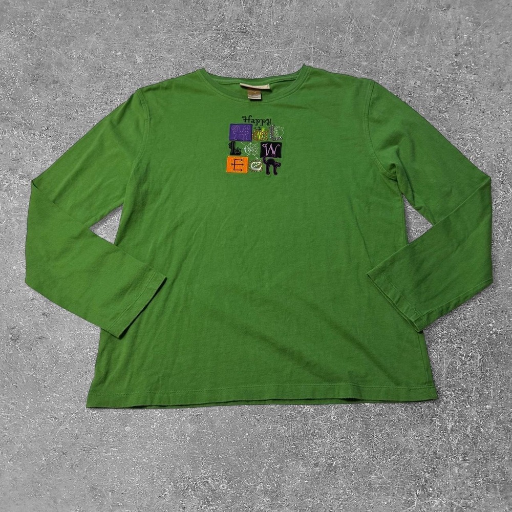 Vintage M&C Sportswear Green Halloween Long Sleeve Shirt Embroidered XL